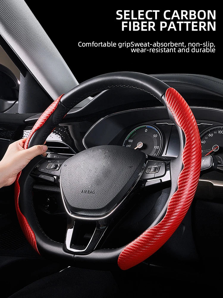 2Pcs Carbon Fiber Leather Car Steering Cover